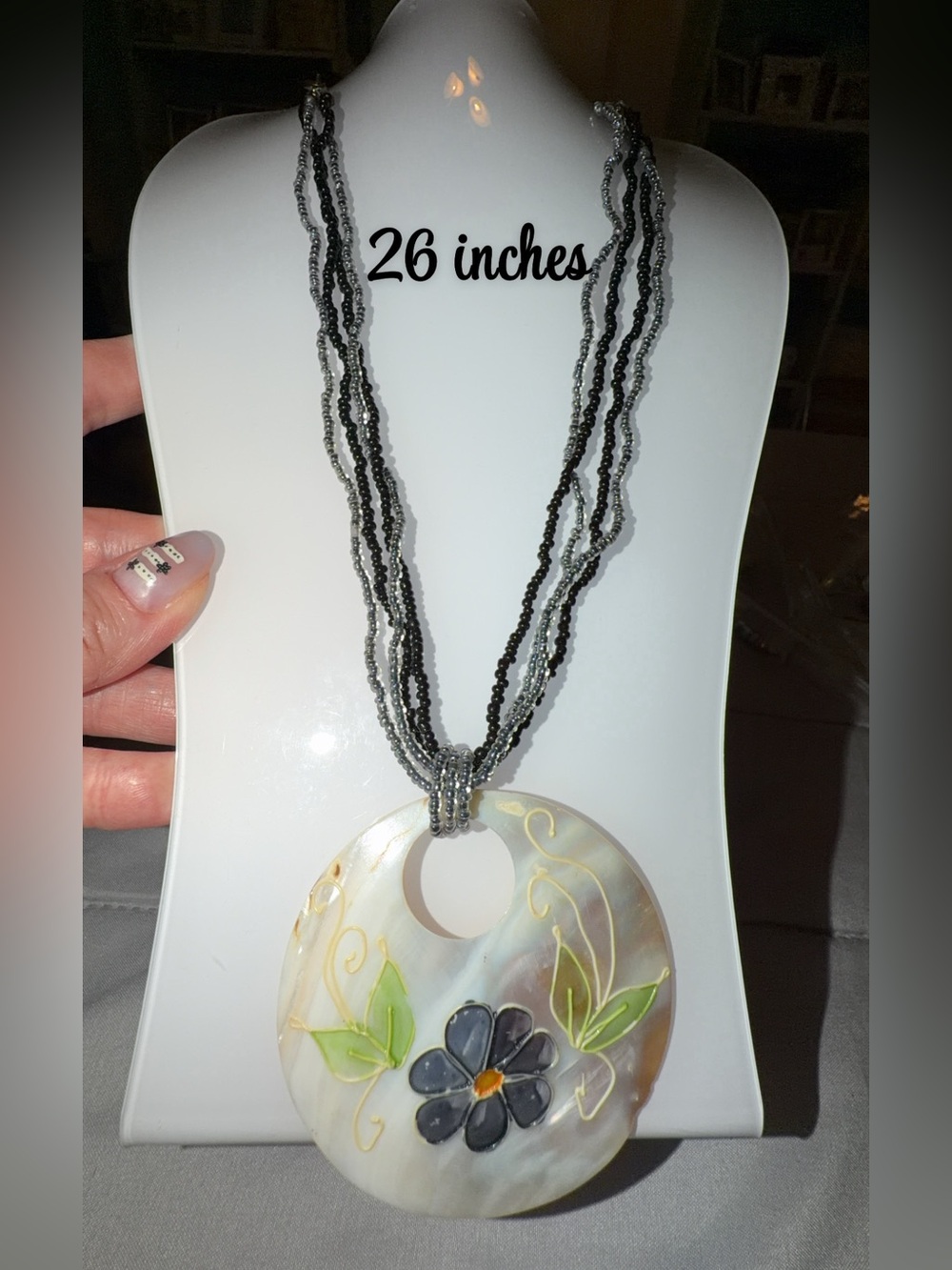 Multi-Strand Black and Silver Beaded Necklace with Floral Shell Pendant